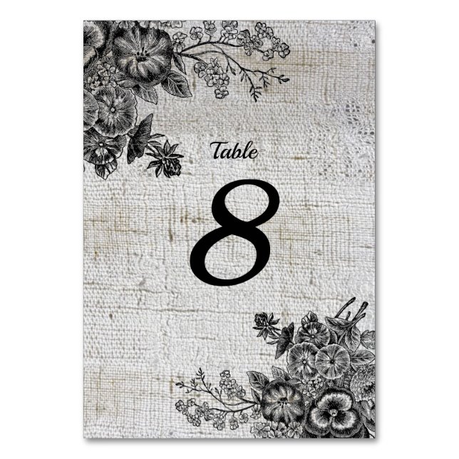 Beautiful Black/Grey Flowers Wedding Table  Table Number (Front)