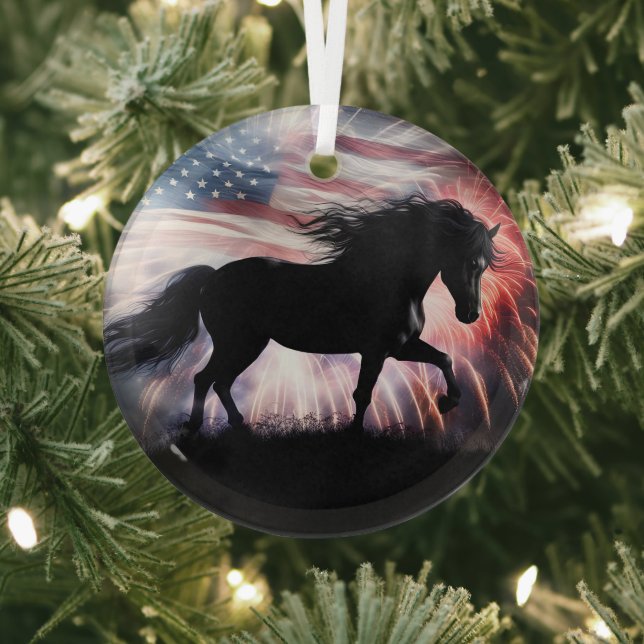 Beautiful Black Horse and American Flag  Glass Ornament (Insitu)