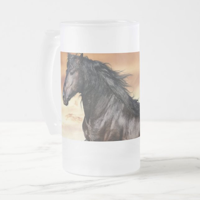 Beautiful Black Horse Frosted Glass Beer Mug (Front Left)