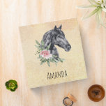 Beautiful Black Horse Head Portrait Watercolor 3 Ring Binder<br><div class="desc">A binder with a beautiful illustration of a black horse head with a fancy floral embellishment by it's neck. Elegant and classy animal painting.
The background has a fancy abstract image in a textured light yellow color with faux gold flecks.</div>