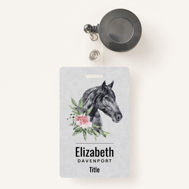 Beautiful Black Horse Head Portrait Watercolor Badge (Front with Retractable)