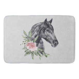 Beautiful Black Horse Head Portrait Watercolor Bath Mat