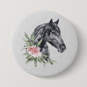 Beautiful Black Horse Head Portrait Watercolor Button
