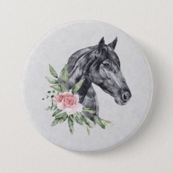 Beautiful Black Horse Head Portrait Watercolor Button by Mirribug at Zazzle