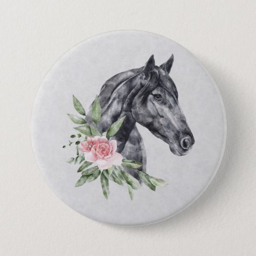 Beautiful Black Horse Head Portrait Watercolor Button