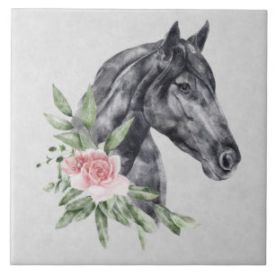 Beautiful Black Horse Head Portrait Watercolor Ceramic Tile