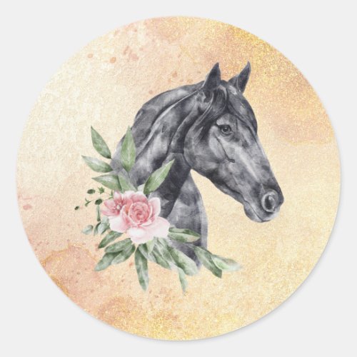Beautiful Black Horse Head Portrait Watercolor Classic Round Sticker