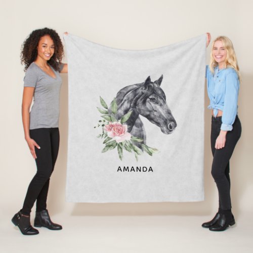 Beautiful Black Horse Head Portrait Watercolor Fleece Blanket