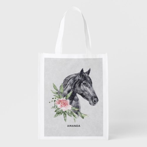 Beautiful Black Horse Head Portrait Watercolor Gro Grocery Bag