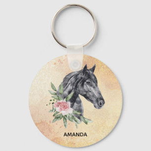 Beautiful Black Horse Head Portrait Watercolor Keychain