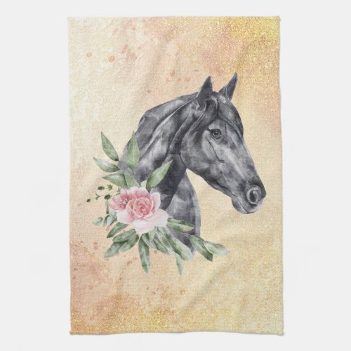 Beautiful Black Horse Head Portrait Watercolor Kitchen Towel