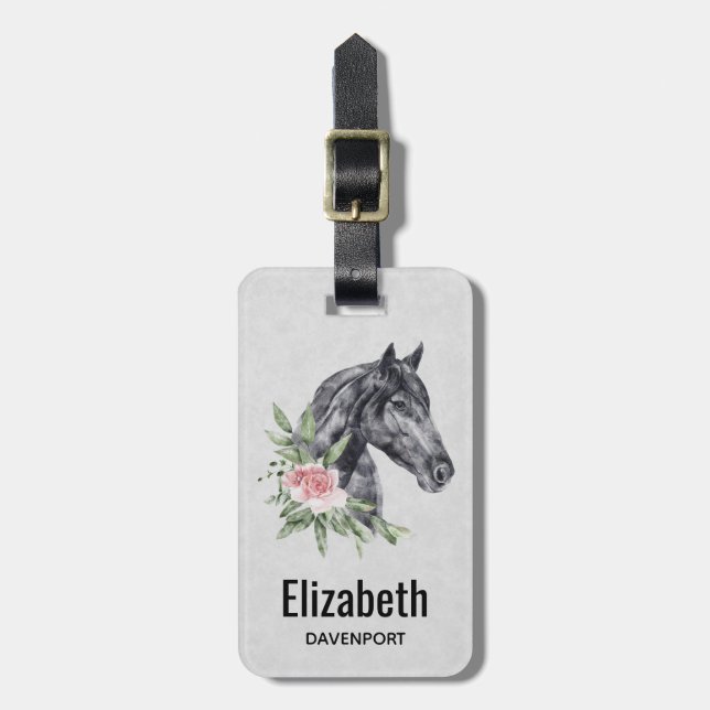 Beautiful Black Horse Head Portrait Watercolor Luggage Tag (Front Vertical)