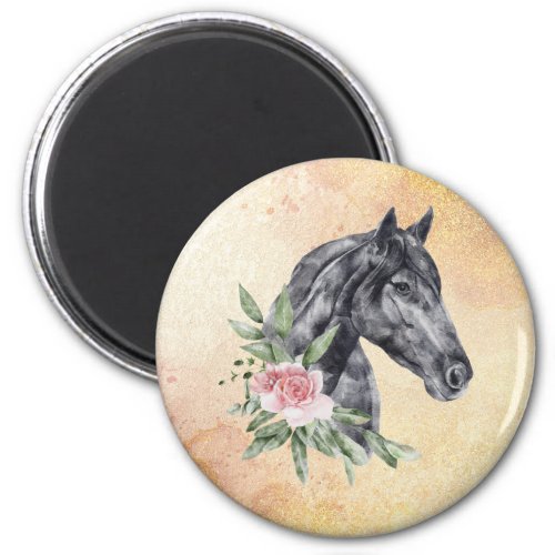 Beautiful Black Horse Head Portrait Watercolor Magnet