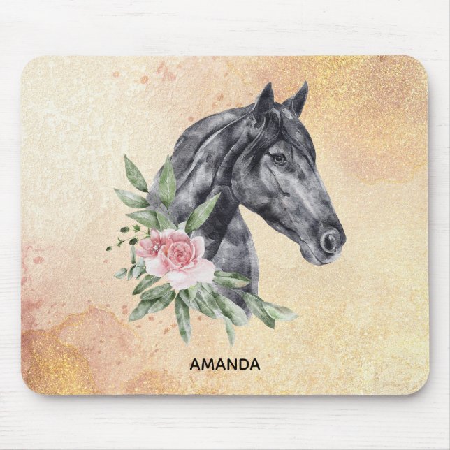 Beautiful Black Horse Head Portrait Watercolor Mouse Pad (Front)