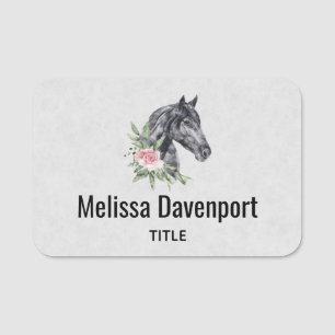 Beautiful Black Horse Head Portrait Watercolor Name Tag