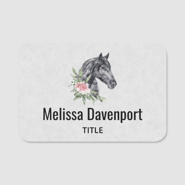 Beautiful Black Horse Head Portrait Watercolor Name Tag (Front)