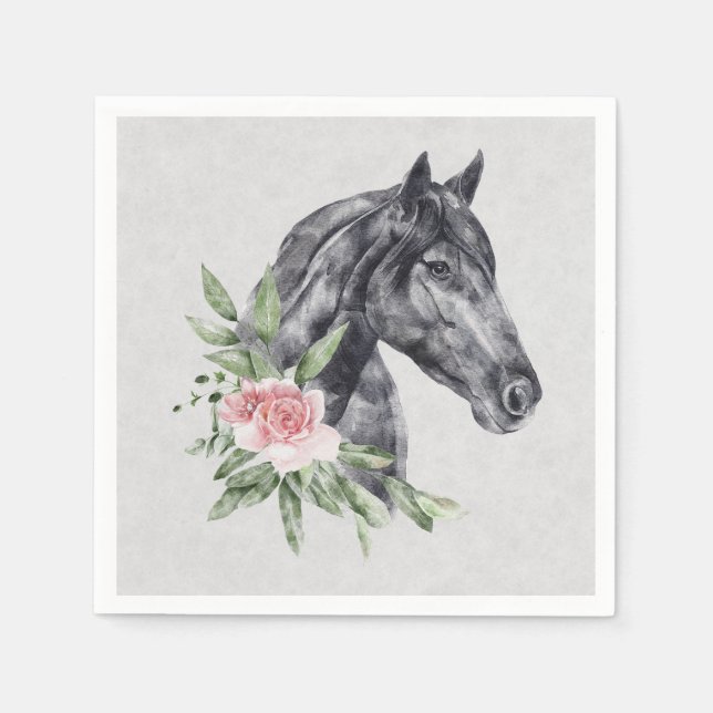 Beautiful Black Horse Head Portrait Watercolor Napkins (Front)