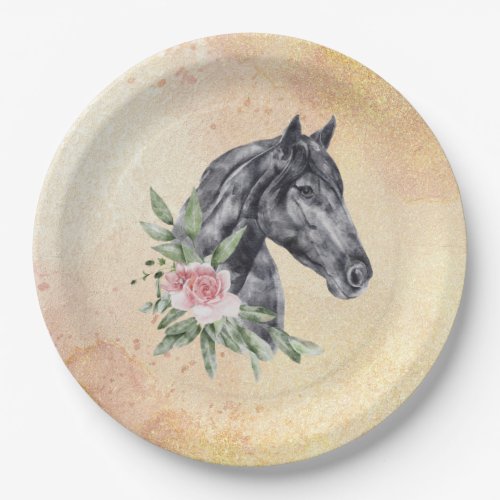 Beautiful Black Horse Head Portrait Watercolor Paper Plates