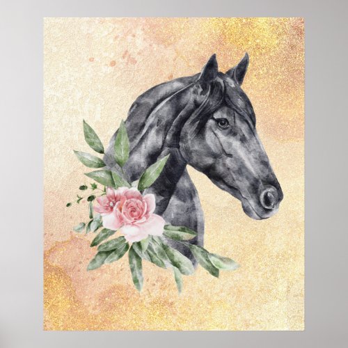 Beautiful Black Horse Head Portrait Watercolor Poster