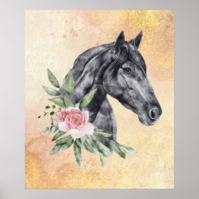 Beautiful Black Horse Head Portrait Watercolor Poster (Front)