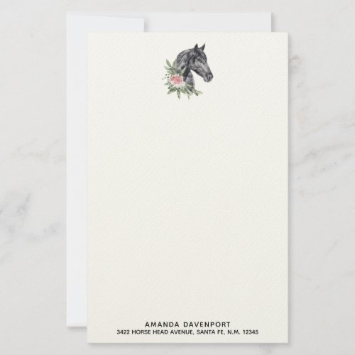 Beautiful Black Horse Head Portrait Watercolor Stationery