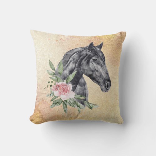 Beautiful Black Horse Head Portrait Watercolor Throw Pillow