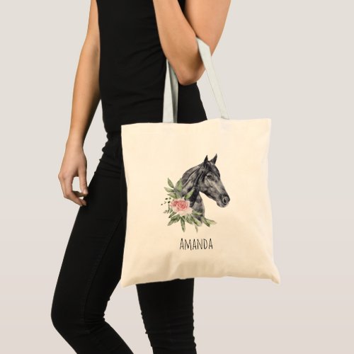Beautiful Black Horse Head Portrait Watercolor Tote Bag