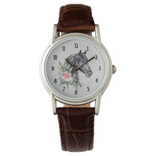 Beautiful Black Horse Head Portrait Watercolor Watch (Front)