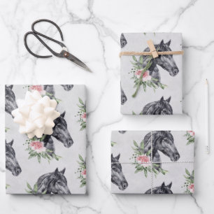 Beautiful Black Horse Head Portrait Watercolor Wra Wrapping Paper Sheets