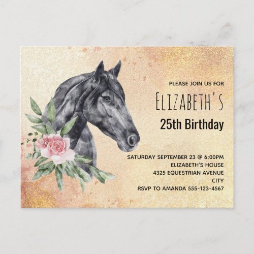 Beautiful Black Horse Head Watercolor Birthday Invitation Postcard