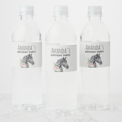 Beautiful Black Horse Head Watercolor Birthday Water Bottle Label