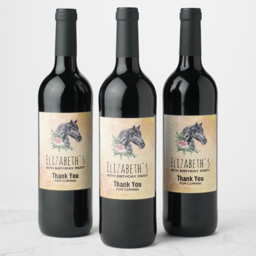 Beautiful Black Horse Head Watercolor Birthday Wine Label