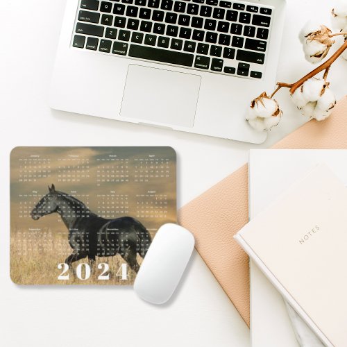 Beautiful Black Horse in Sunset 2024 Year Calendar Mouse Pad