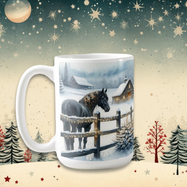 Beautiful Black Horse on a Christmas Farm Coffee Mug (Creator Uploaded)