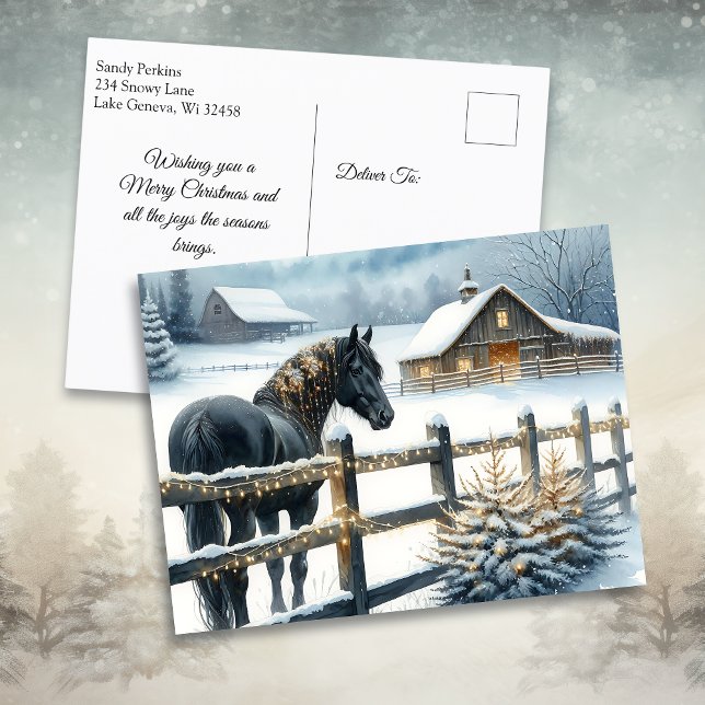 Beautiful Black Horse on a Christmas Farm Holiday Postcard (Creator Uploaded)