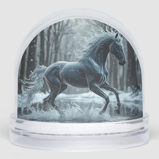 Beautiful Black Horse Running Through Water Snow Globe (Front)