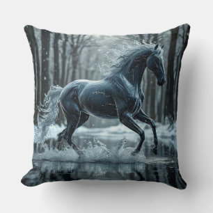 Beautiful Black Horse Running Through Water Throw Pillow
