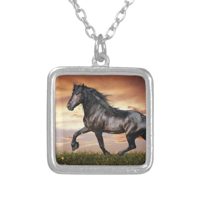 Beautiful Black Horse Silver Plated Necklace (Front)