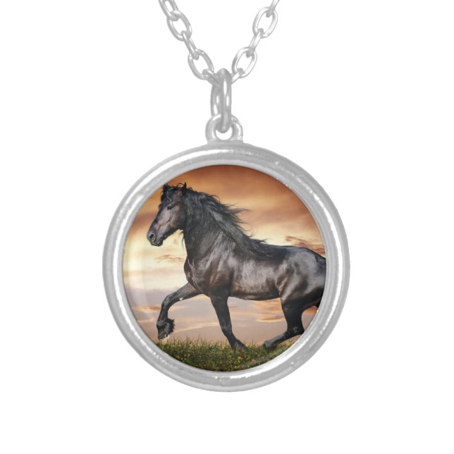 Beautiful Black Horse Silver Plated Necklace (Front)