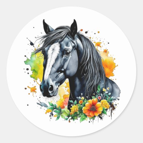 Beautiful Black Horse Surrounded by Yellow Flowers Classic Round Sticker