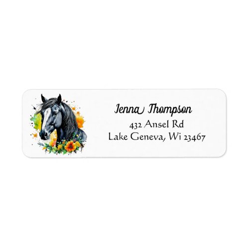 Beautiful Black Horse Surrounded by Yellow Flowers Label