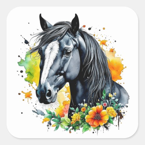 Beautiful Black Horse Surrounded by Yellow Flowers Square Sticker