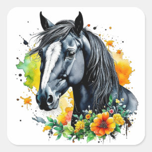 Beautiful Black Horse Surrounded by Yellow Flowers Square Sticker