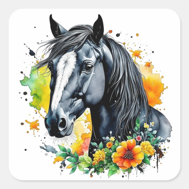 Beautiful Black Horse Surrounded by Yellow Flowers Square Sticker (Front)