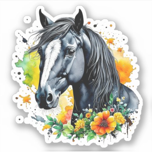 Beautiful Black Horse Surrounded by Yellow Flowers Sticker