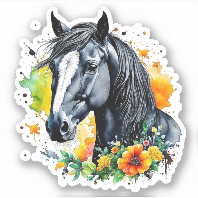 Beautiful Black Horse Surrounded by Yellow Flowers Sticker (Front)