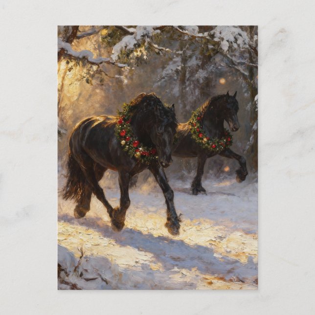 Beautiful Black Horses Winter Forest Christmas Postcard (Front)