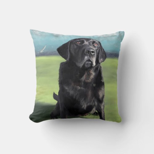 Beautiful Black Lab on the Coast Throw Pillow