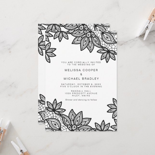 Beautiful Black Lace Wedding with QR Code RSVP Invitation (Front/Back In Situ)