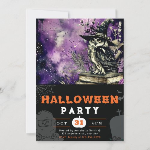 Beautiful Black Owl Witches Hat Black Halloween Invitation